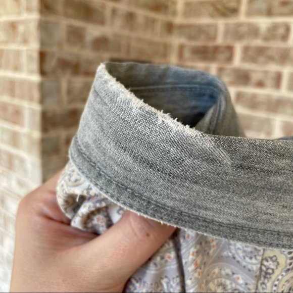 Free People Center Front Paisley Denim Pocket Silky Button Down oversized top XS - Picture 8 of 13